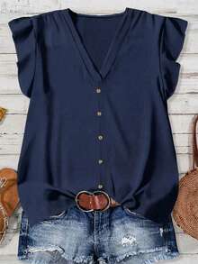 SHEIN Essnce بلوزة كاجوال للنساء بياقة على شكل حرف V وأكمام متدلية، مناسبة للصيف - أزرق بحري - مشاهدة 3