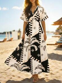 SHEIN LUNE V-Neck Short Sleeve Bow Drawstring Waist Colorblock Checkerboard & Floral Print Maxi Dress For Women - Multicolor - View 4