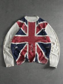 ROMWE MEN Men's Fashion Round Neck Long Sleeve National Flag Pattern Knitted Distressed Sweater - Multicolor - View 1