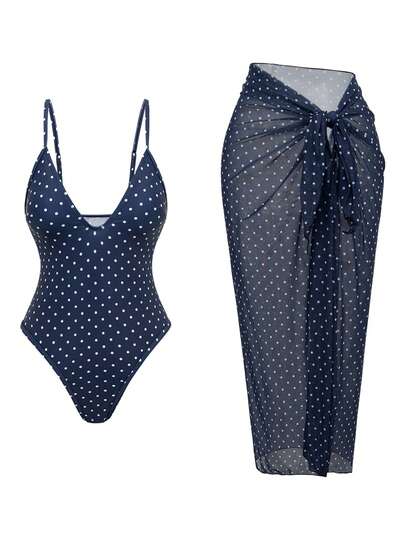 Swim Oasis 2-delat strandset för kvinnor, trendigt och sött för resort, strand, pool, badfest, prickigt tryck, spaghettiband, avtagbart band, djupt v-ringat, högt skuret, ett stycke med knytband, långt kjolset