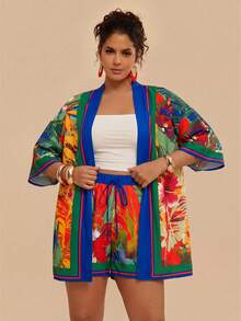 Travachic 大码女式夏季热带印花衬衫短裤两件套，宽松短袖和服式上衣，松紧腰短裤夏季套装 - 墨綠色 - 查看 3