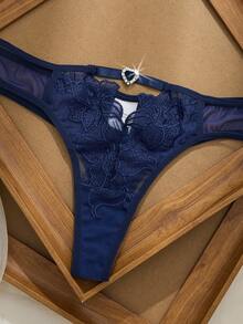 女士花卉刺绣图案水钻装饰吊带文胸和内裤性感日常内衣套装 - 寶藍色 - 查看 7