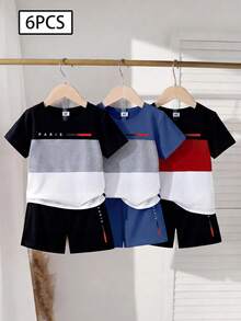 Bộ 6 món cho bé trai 4-7 tuổi, áo thun ngắn tay phối màu đơn giản + in chữ "PARIS" + quần short, bộ đồ 2 mảnh nhẹ, thoáng khí, trang phục mùa hè thường ngày/thể thao, bộ 3 mảnh thoải mái, đa năng cho bé trai. - Nhiều màu - Xem 3