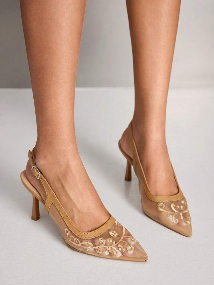 CUCCOO SZL Women's Floral Embroidery Pointed Toe Buckle Design Elegant High Heel Pumps
