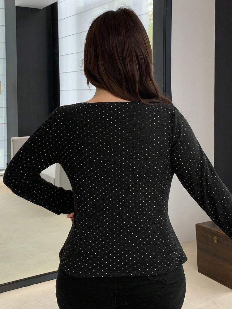 Dazy Plus Plus Size Polka Dot & Lace Patchwork Front Tie Long Sleeve T-Shirt Summer