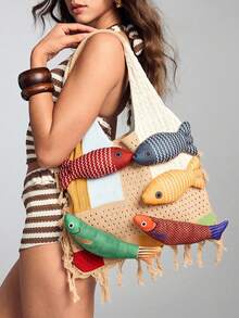 ROMWE Kawaii 1 pieza Bolso de hombro grande con forma de pez y bloques de color, Bolso bohemio de ganchillo para mujer, adecuado para la playa, vacaciones y uso diario - Caqui - Ver 3