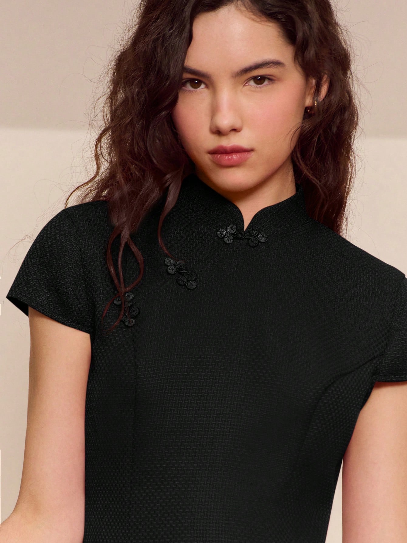 Elegant Chic Festive Black Tweed Mandarin Collar Mini Dress Oriental Dress Spring Summer Going Out Spring Summer