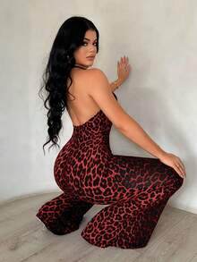 SHEIN SXY Bộ jumpsuit dài không tay, cổ yếm, cổ chữ V khoét sâu, ống loe, họa tiết da báo gợi cảm, phong cách đường phố và clubwear. - Đỏ - Xem 3