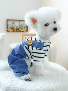 PETSIN 1pc Pet Clothes, Embroidered Bear Head Pattern One-Piece Clothes, Spring Striped Top Casual Sling Pants Fake Two Pieces Clothing - Black and white bars - View 4