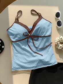 Comfortcana Women's Blue & Brown Polka Dot Print Tie Strap Camisole, Spring/Summer - Blue - View 3