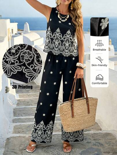 SHEIN Holidaya Women's New Sleeveless Round Neck Printed Top + Wide Leg Pants 2 Pieces Set Two Piece Set Women Casual Pant Sets Woman Summer Pant Suits For Women 2 Piece Casual Sets Woman Two Piece Set Women Elegant
