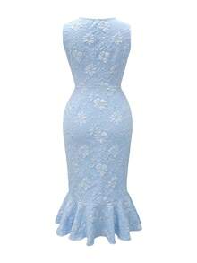 Elenzga Đầm thanh lịch kiểu Pháp màu xanh dương mùa xuân/hè mới, thiết kế vải hoa súng có họa tiết, cổ vuông, không tay, dây thắt eo bằng kim loại, dáng ôm sát, chân đầm xếp ly. - Màu xanh lam - Xem 6