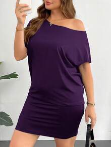 SHEIN Essnce 女士大码夏季连衣裙。黑色休闲连衣裙，露肩连衣裙，单肩连衣裙，夏季女士休闲连衣裙，露肩连衣裙，黑色迷你连衣裙，外出连衣裙 - 紫色 - 查看 7