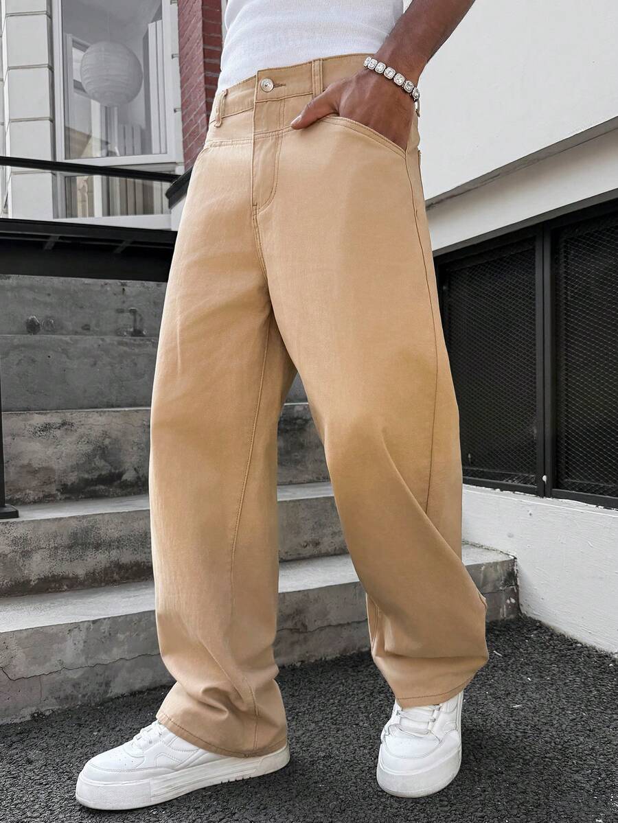 Manfinity EMRG Quần jeans nam cao cấp dáng rộng ống loe màu mơ bạc màu, kiểu dáng rách nhẹ. - Màu be - Xem 1