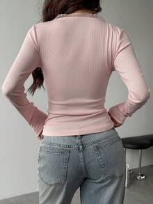 Almamuse 女士休闲可爱千禧风粉色方领蕾丝边褶皱长袖露脐衬衫，适合日常穿着/通勤/休闲度假/浪漫约会 - 粉色 - 查看 2