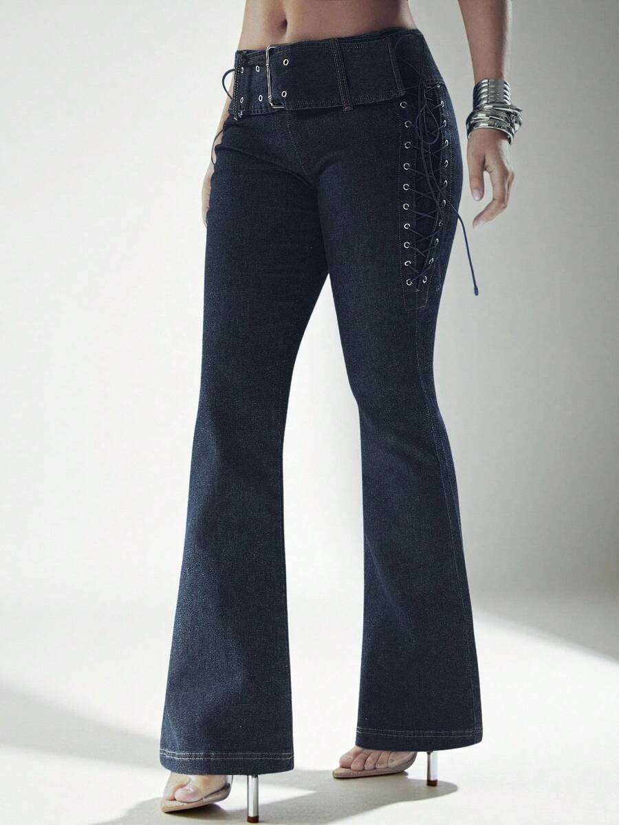 Denimoi Women's Fashion Versatile Commuting Flare Jeans With Eyelet Lace-Up Design - Dark Wash - View 1