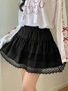 DAZY Damen Elastischer Taillenbund Spitze Patchwork Rock - Schwarz - Übersicht 3
