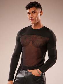 FeverCity Men's Sexy Mesh Patchwork Long Sleeve T-Shirt - Black - View 5