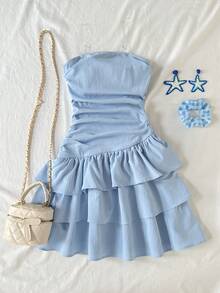 SHEIN Teen Girls' Summer Casual Vacation Lightweight Blue Comfortable Layered Ruffle Hem Tube Top Dress - Blue - View 4