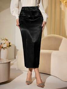 Modelyn Shiny Applique Bodycon Slit Hem Elegant Women Pencil Skirt - Black - View 5