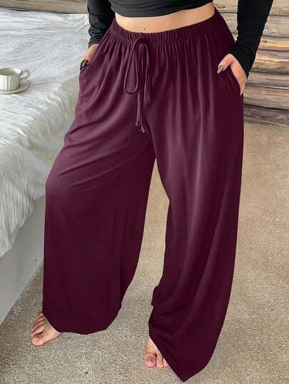Dazy Plus Plus Size Women Elastic Waist Drawstring Straight Leg Sleepwear Bottoms, Loose Fit Solid Color Pajama Pants