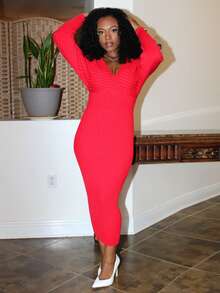 Steph T Women Sexy Elegant White V-Neck Off Shoulder Long Sleeve Fitted Sweater Dress, Suitable For Daily Wear, Office, Date, Casual, Party, Thanksgiving, Christmas White Midi Dress White Long Sleeve Dress White Bodycon Dress Ribbed Midi Dress In Fall/Winter Low Cut Dress Red Long Sleeve Dress Tight Long Dress Ribbed Dress Red Dress - Red - View 6