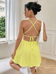 SHEIN EZwear Đầm nữ mùa hè, dây mảnh, hở lưng, dáng chữ A, đầm hè, trang phục mùa hè, đầm màu kem vàng. - Màu vàng - Xem 2