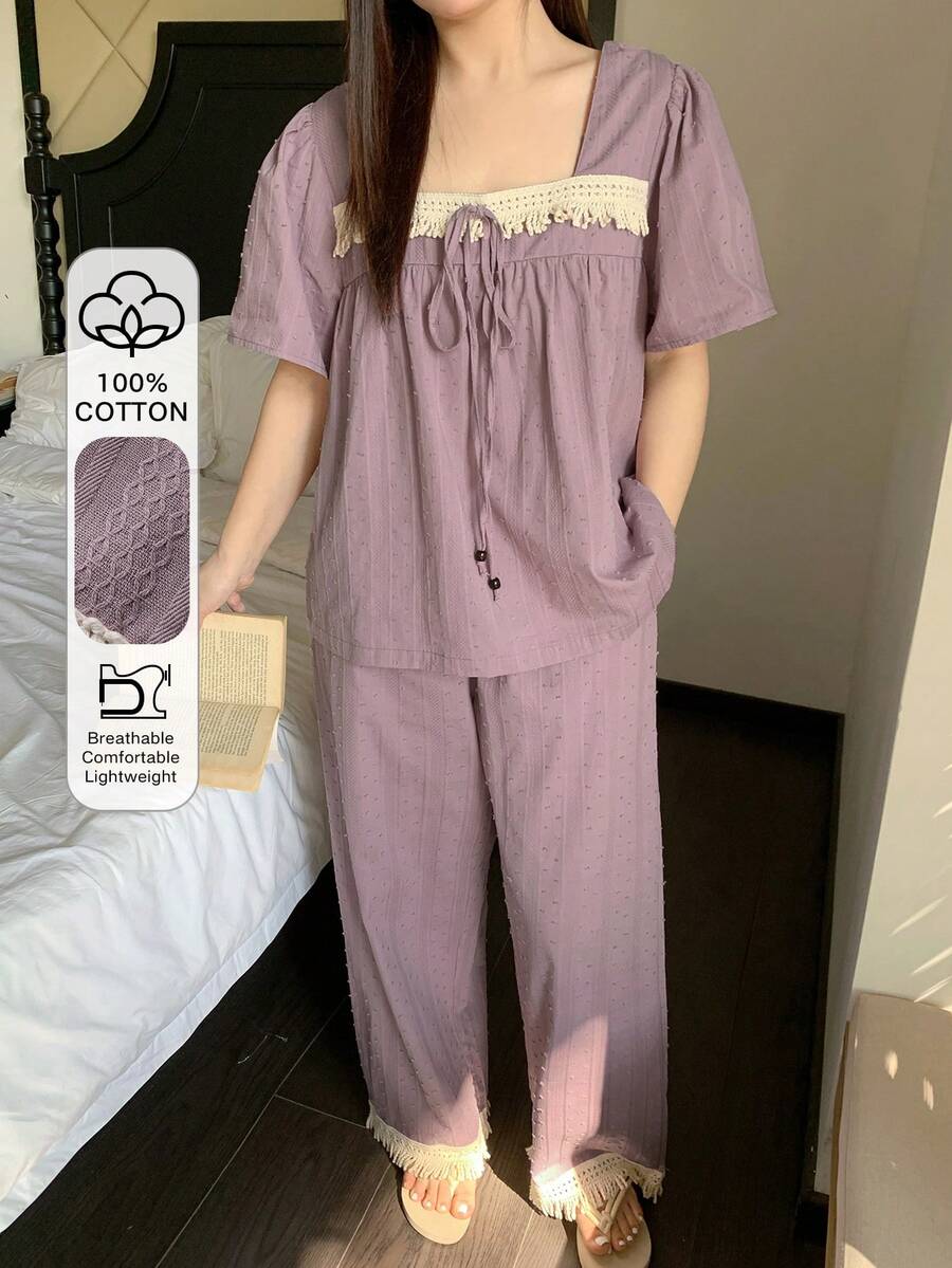 Dazy Plus 大码女式撞色蕾丝宽松圆领上衣和裤子睡衣套装，春夏款 - 紫色 - 查看 1