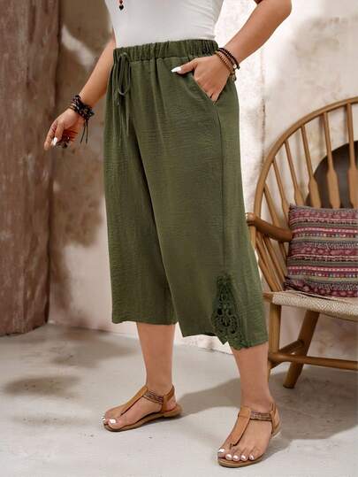 EMERY ROSE Plus Size Women's Casual Military Green Breathable Spring/Summer Pants, Floral Lace Patchwork Design, Long Pants, Capri Pants, Shorts, Suitable For Graduation, Holidays, Valentine's Day, Music Festivals, Mother's Day, Halloween, Thanksgiving, Easter, National Day, Dances, Dates, Parties, Weddings, Outdoor Activities