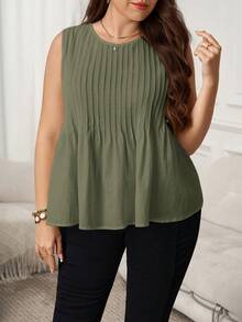 SHEIN LUNE Áo tank top không tay cổ tròn màu trơn, cỡ lớn, kiểu dáng thường ngày - xanh quân đội - Xem 4