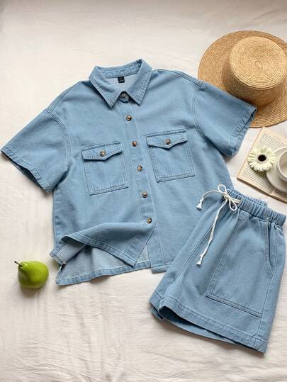 Comfortcana Women's Short Sleeve Single-Breasted Pocket Denim Shirt And Denim Shorts Casual Suit Summer Holiday Outfits Spring Break Outfits Women Carnival Costume Beach Outfit Going Out Outfits Casual Sets For Women Y2k Women Women's Light Blue Denim Two Pieces Set Casual Short Sleeve Button Down Shirt And Drawstring Shorts Outfit