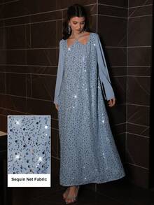 Al Najma Cross-Tied Pearl Embroidered Mesh Patchwork Long Sleeve Maxi Dress, Turkish & Arabic Traditional Style - Blue - View 5