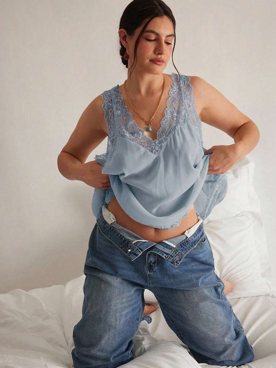 Freevana Camiseta de mujer de talla grande, romántica y elegante, con nuevo diseño de encaje y parches para la primavera temprana - Celeste - Ver 1