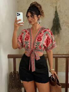 Travachic 大码度假风印花系带短袖衬衫 - 粉色 - 查看 1