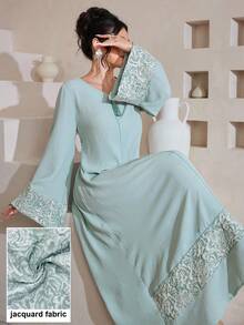 SHEIN Najma Đầm dài tay dáng xòe kiểu Ả Rập dành cho nữ, phối vải jacquard. - màu xanh lá - Xem 2