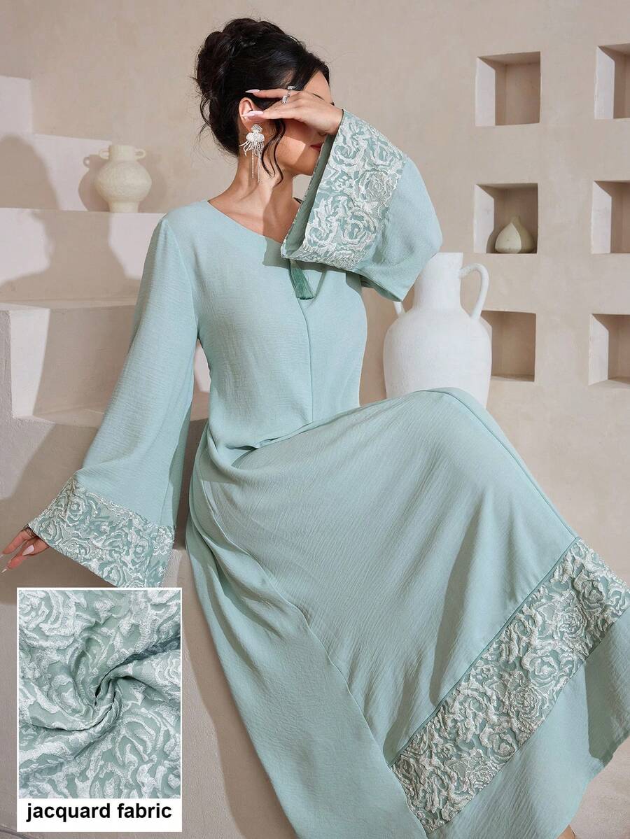 SHEIN Najma Đầm dài tay dáng xòe kiểu Ả Rập dành cho nữ, phối vải jacquard.