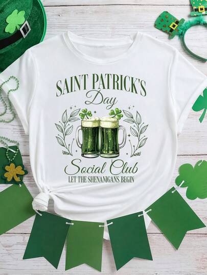 EMERY ROSE St. Patrick's Day Green Beer Social Club Holiday Atmosphere Printed Casual Plus Size T-Shirt
