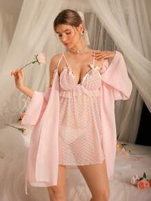 性感网纱爱心睡衣套装，私密卧室情趣内衣套装，可爱少女睡衣套装 - 粉色 - 查看 3