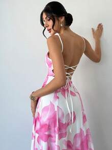 Firerie 女士新款性感露背V领连衣裙，粉色扎染花卉系带后摆伞裙，适合女士度假、约会、下午茶、假日、音乐节、海滩等场合。 - 彩色 - 查看 5