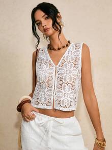 Poéselle 女士V领单排扣镂空设计背心，沙滩度假开衫，夏季音乐节，夏季白色钩针编织吊带背心 - 白色 - 查看 6