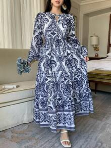 DAZY Women's Lantern Sleeve Vintage Cinched Waist Elegant Mid-Length Summer Dress Sundress Boho Vacation Outfits Women - Blue - View 8