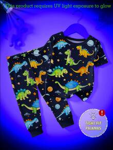 1Set Baby Boy Glow-In-The-Dark Dinosaur Print Snug Fit Short Sleeve Pajama Set, Spring/Summer - Blue - View 5