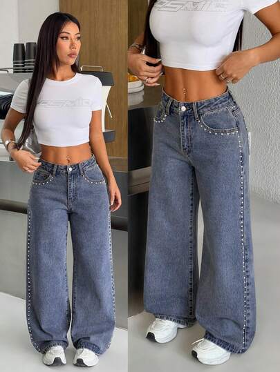 SHEIN PETITE Spring To Summer Women's Casual Fashion Y2K Street Punk Style Deep Gray-Blue Denim Wash With Metal Stud Detailing Rivet Decor Loose Wide-Leg Denim Jeans