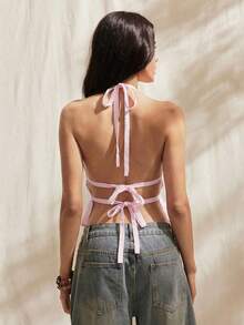 Easelle 女士浅紫色褶皱细肩带系带吊带背心，春夏款 - 淡紫色 - 查看 2