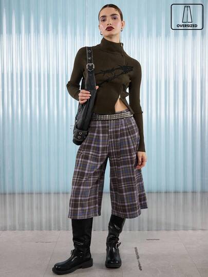 COUREZ Pantalones cortos de cuadros oversize tipo jorts de estilo Y2K, ropa de invierno para mujer, atuendos para fiestas y salidas