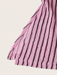 Comfortcana Women's Fuchsia Striped Print Ruched Asymmetric Hem Bandeau Top - Hot Pink - View 4