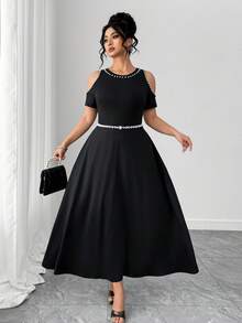 Elenzga Plus Size Women Pearl Decor Off-Shoulder Dress, French Sexy Minimalist Elegant Artistic Party Romantic Maxi Dress - Black - View 4