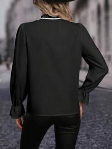 SHEIN Clasi 女士V领撞色系带衬衫 - 黑色 - 查看 2