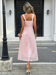 Pariaura Women's Pink And White Ditsy Floral Spaghetti Strap Maxi Dress,Elegant Summer French Style Tie Front Waist Cinching Midi Sundress For Brunch Vacation - Pink - View 2
