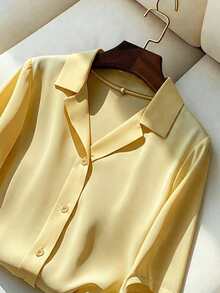 SHEIN LUNE 新款宽松V领长袖休闲女式衬衫 - 黃色 - 查看 3